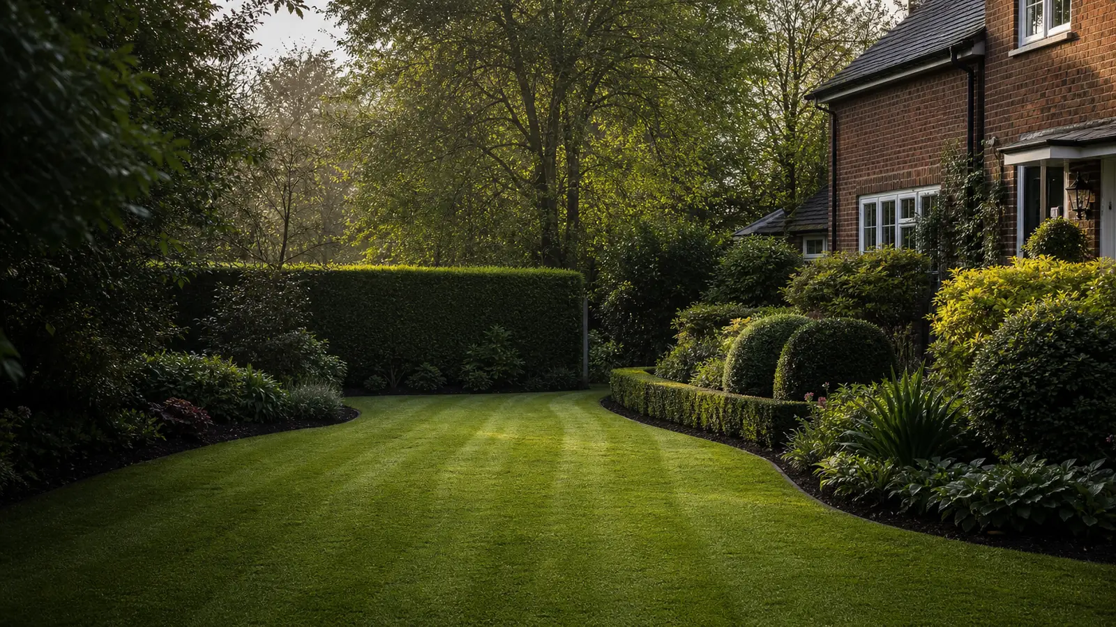 A carefully maintained British garden with a clipped hedge, lawn and mature planting