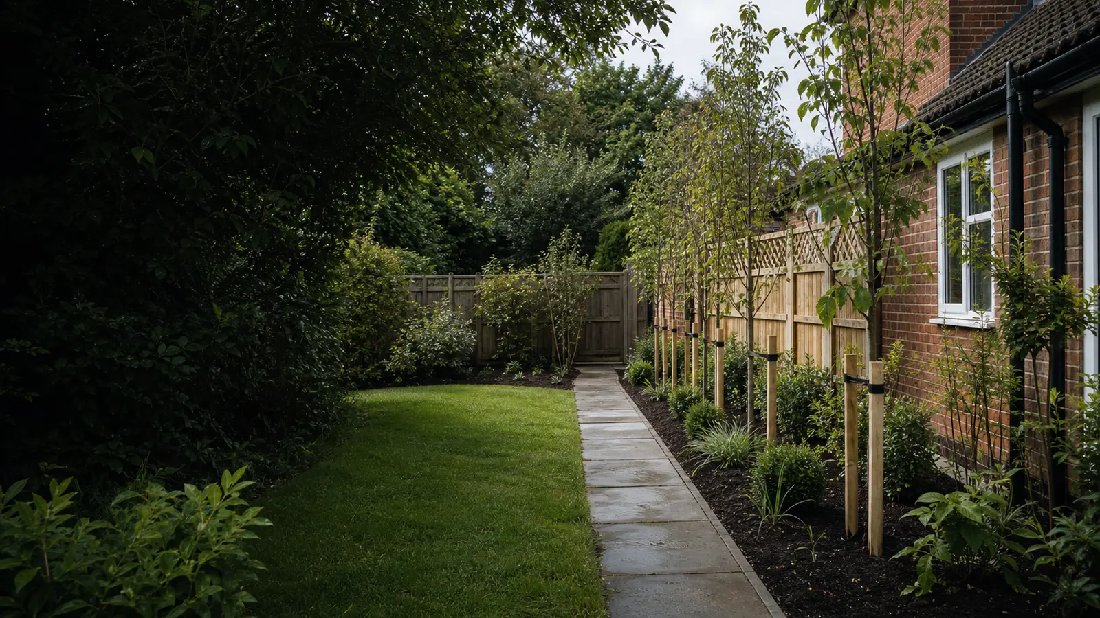 A newly planted side garden with young trees, a path and fresh planting beds beside a British home