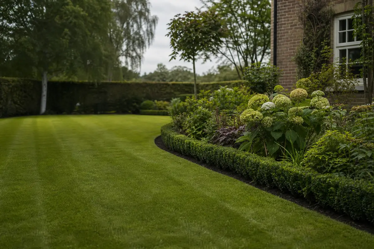 A neatly maintained lawn with clipped hedges and planted borders
