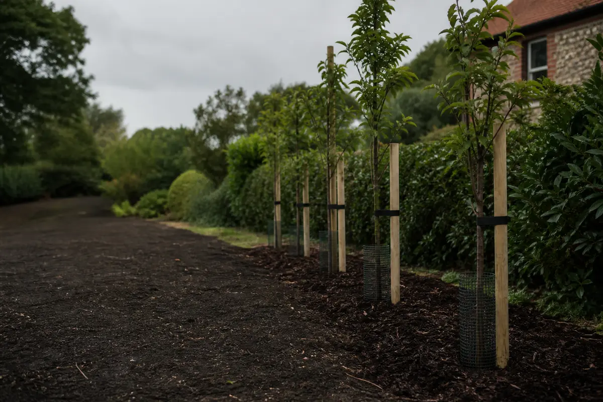 A row of newly planted trees protected with support stakes in a residential garden