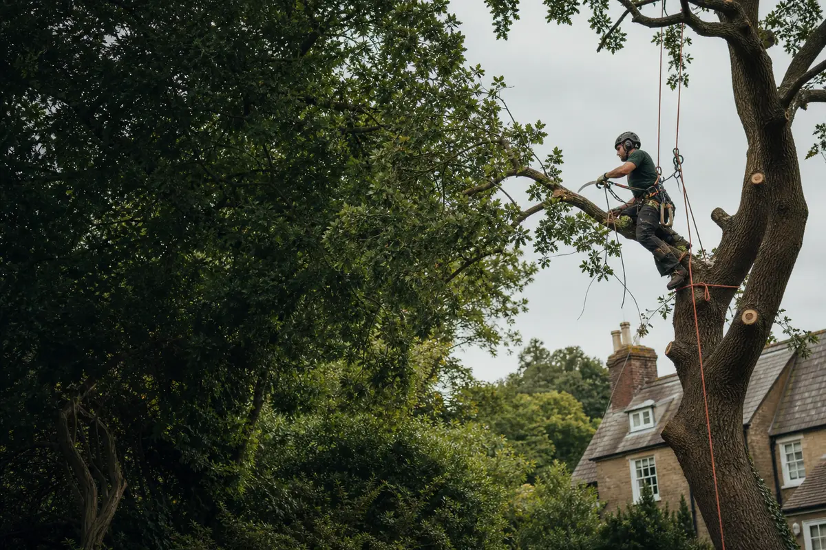 An arborist carrying out careful tree surgery in a mature garden